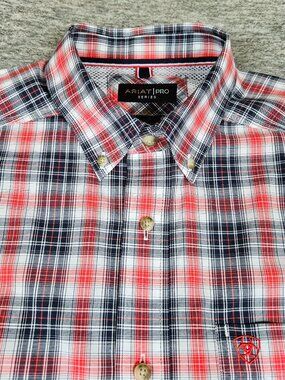 Ariat Pro Series Mens Button Down Shirt Red Striped Plaid Size Large Western EUC